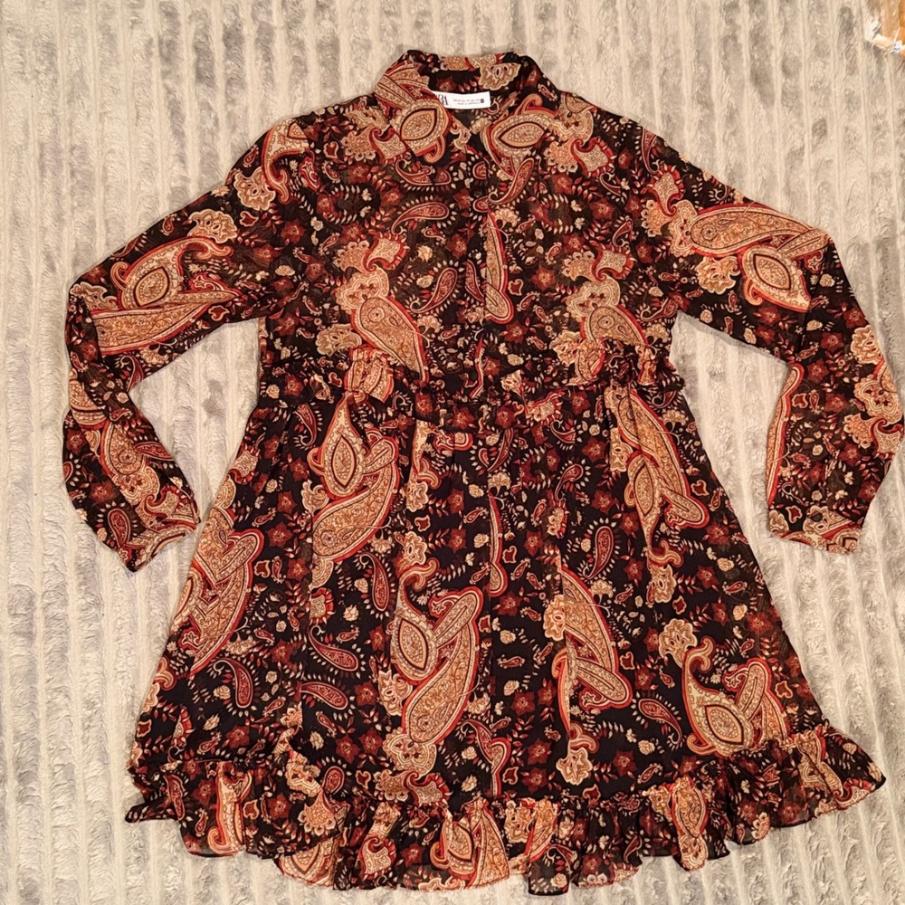 Zara Womens Paisley Print Chiffon Mini Dress Red Brown‎ Ruffle Hem XS